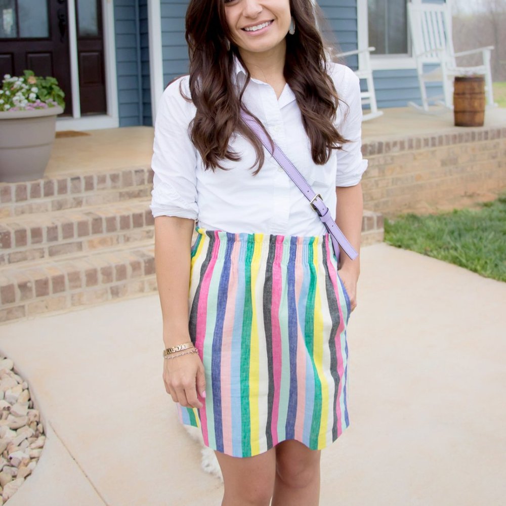 J. Crew Pull-on Linen Skirt in Rainbow Stripe with POCKETS (size M)